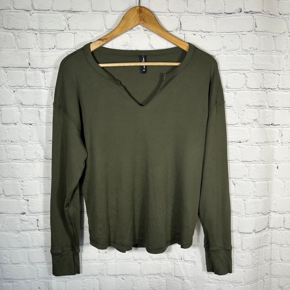 American Giant Olive Green Ribbed Split Neck Long Sleeve Top Womens Medium USA
